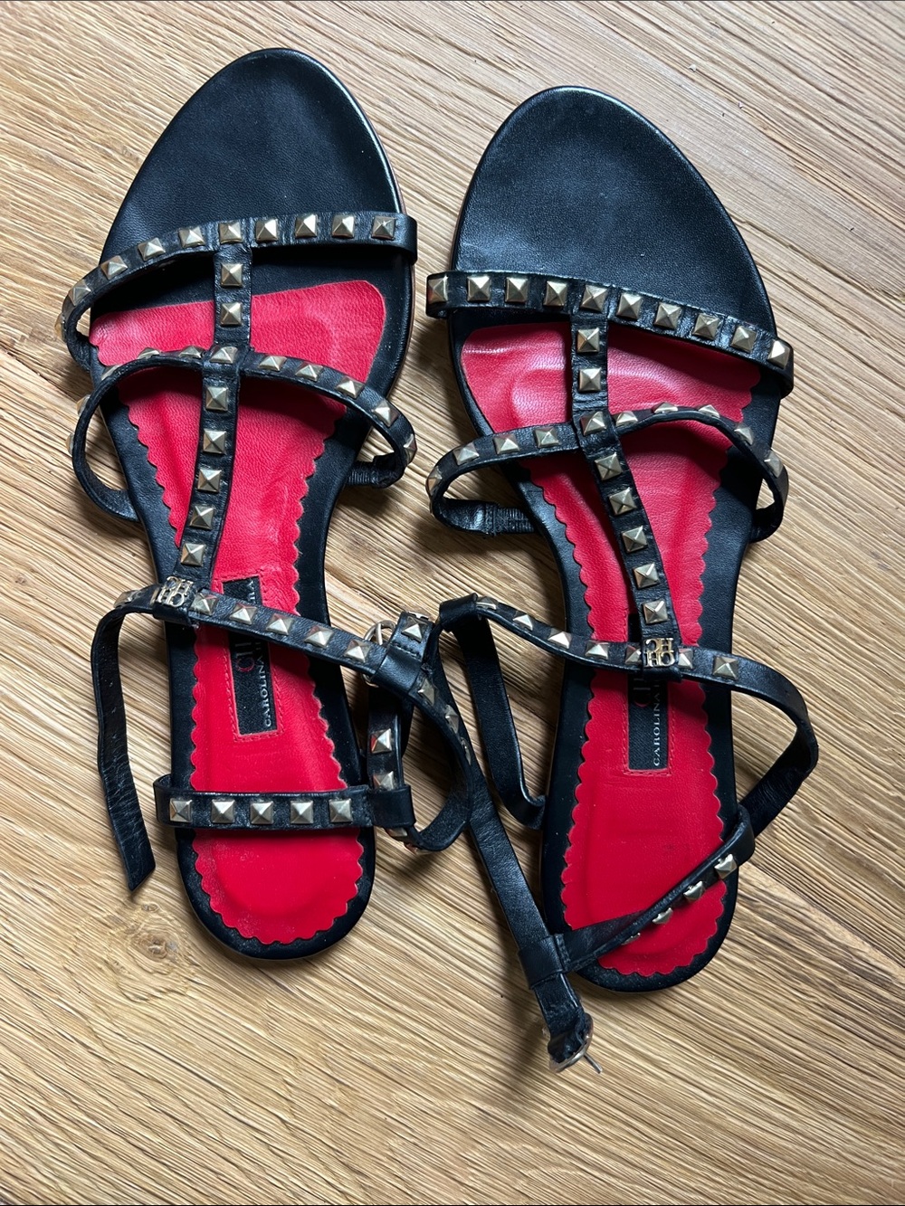 Carolina Herrera Black Studded T-Strap Sandals with Red Insole